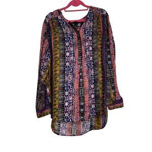 Nine West Blouse Top Womens 2XL Purple Pink Lucy 1/4 Button 3/4 Sleeve Aztec